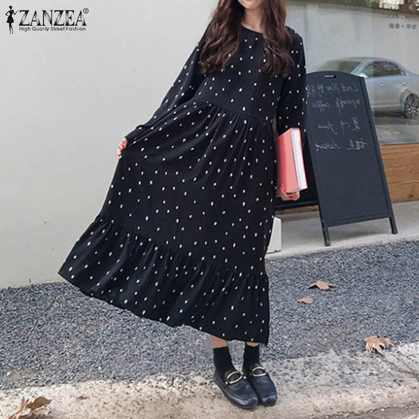 ZANZEA 2019 Autumn Women Dress Maxi Long Vestidos Bohemian Polka Dot Ruffles Hem Summer Sundress Beach Robe Femme Long Shirts