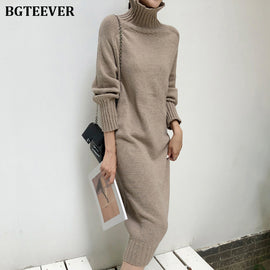 Elegant Turtleneck Knitted Dress Women Autumn Loose Female Sweater Dress Winter Thicken Knitted Pullovers Dress Vestidos 2019