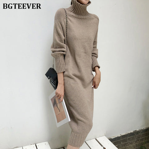 Elegant Turtleneck Knitted Dress Women Autumn Loose Female Sweater Dress Winter Thicken Knitted Pullovers Dress Vestidos 2019