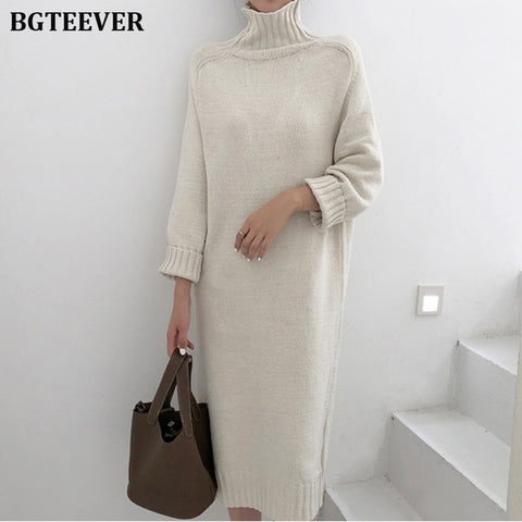 Elegant Turtleneck Knitted Dress Women Autumn Loose Female Sweater Dress Winter Thicken Knitted Pullovers Dress Vestidos 2019