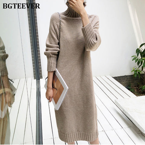 Elegant Turtleneck Knitted Dress Women Autumn Loose Female Sweater Dress Winter Thicken Knitted Pullovers Dress Vestidos 2019