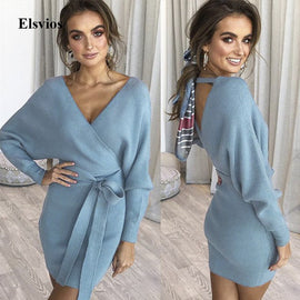 Elsvios Casual Long Sleeve Bodycon Pullover Mini Dress Autumn Winter V-Neck Sweater Dress Women Bandage Knitted Dress Vestidos