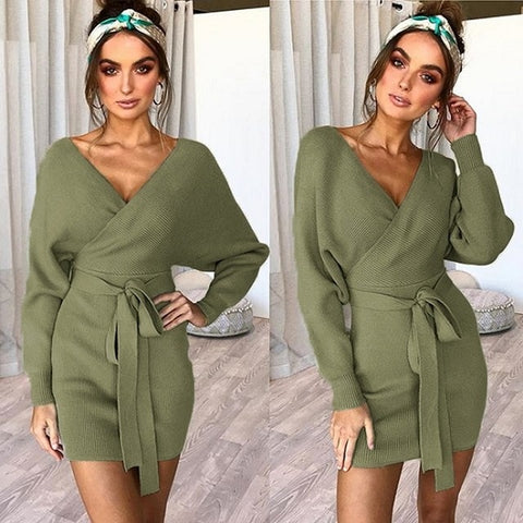 Elsvios Casual Long Sleeve Bodycon Pullover Mini Dress Autumn Winter V-Neck Sweater Dress Women Bandage Knitted Dress Vestidos