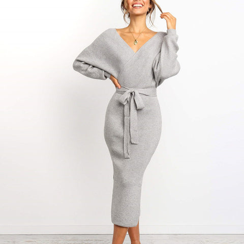 Elsvios Casual Long Sleeve Bodycon Pullover Mini Dress Autumn Winter V-Neck Sweater Dress Women Bandage Knitted Dress Vestidos