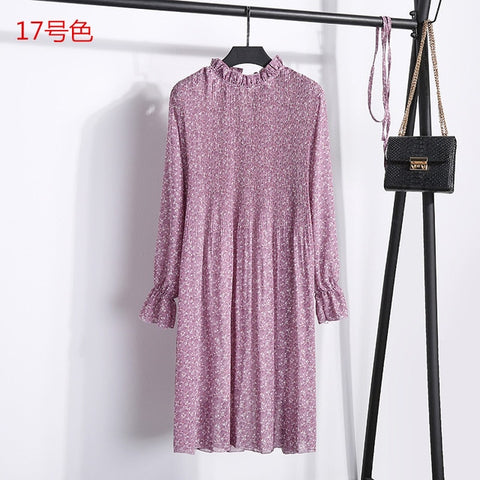 Women Two layers chiffon pleated dress 2019 spring autumn female vintage elegant long sleeve loose casual office lady dress