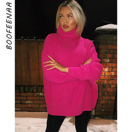 BOOFEENAA Fashion Turtleneck Oversized Sweater Winter Clothes Women Neon Green Pink Orange Pullover Ladies Knit Tops C54-AF91