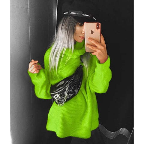 BOOFEENAA Fashion Turtleneck Oversized Sweater Winter Clothes Women Neon Green Pink Orange Pullover Ladies Knit Tops C54-AF91