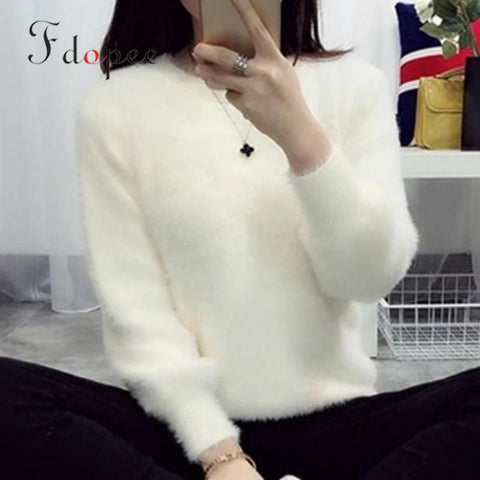 Winter Sweater Women Fashion Casual Simple Lantern Sleeve Solid Color Loose Comfort Cashmere Warm Knitting Mohair Fur Pullover