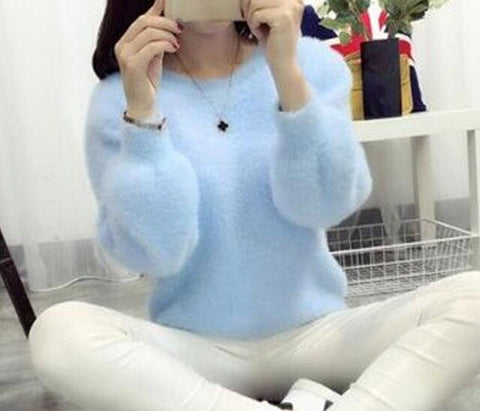 Winter Sweater Women Fashion Casual Simple Lantern Sleeve Solid Color Loose Comfort Cashmere Warm Knitting Mohair Fur Pullover