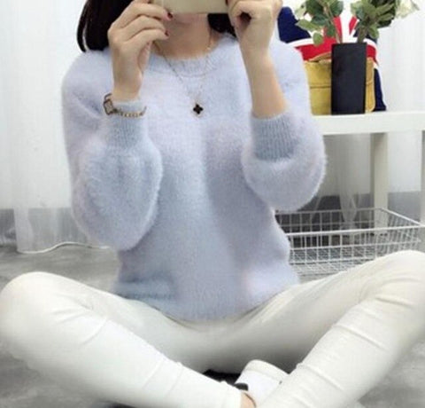 Winter Sweater Women Fashion Casual Simple Lantern Sleeve Solid Color Loose Comfort Cashmere Warm Knitting Mohair Fur Pullover