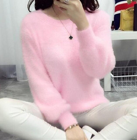 Winter Sweater Women Fashion Casual Simple Lantern Sleeve Solid Color Loose Comfort Cashmere Warm Knitting Mohair Fur Pullover