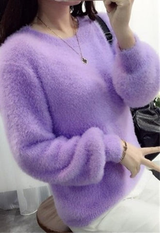 Winter Sweater Women Fashion Casual Simple Lantern Sleeve Solid Color Loose Comfort Cashmere Warm Knitting Mohair Fur Pullover