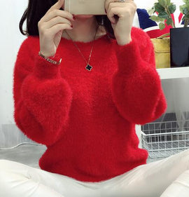 Winter Sweater Women Fashion Casual Simple Lantern Sleeve Solid Color Loose Comfort Cashmere Warm Knitting Mohair Fur Pullover