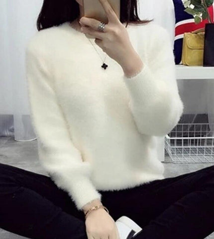 Winter Sweater Women Fashion Casual Simple Lantern Sleeve Solid Color Loose Comfort Cashmere Warm Knitting Mohair Fur Pullover