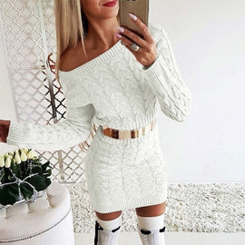 New 2019 Autumn Winter elegant knitted Sweater Dress Women black white Sweater dress Sexy solid ladies winter Sweater Dress