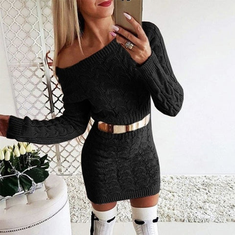 New 2019 Autumn Winter elegant knitted Sweater Dress Women black white Sweater dress Sexy solid ladies winter Sweater Dress