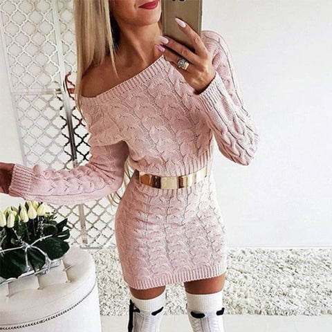 New 2019 Autumn Winter elegant knitted Sweater Dress Women black white Sweater dress Sexy solid ladies winter Sweater Dress