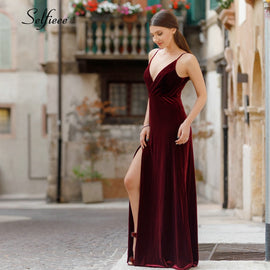 Fashion Velvet Dress Deep V-Neck Spaghetti Straps Side Split Maxi Dress Women Sexy Party Night Club Dress Vestidos De Festa 2019