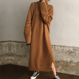 Pullover Knitted Long Sweater Dress Autumn Winter Turtleneck Solid Casual Maxi Dress Batwing Long Sleeve Vestido Robe Pull Femme