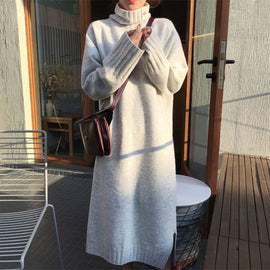 Pullover Knitted Long Sweater Dress Autumn Winter Turtleneck Solid Casual Maxi Dress Batwing Long Sleeve Vestido Robe Pull Femme