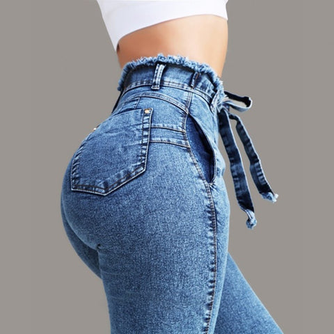 2019 Fashion sexy  Long Pants Plus Size Fashion Belted High Waist Skinny Jeans Women Stretch Denim Long Pants