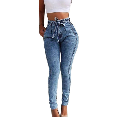 2019 Fashion sexy  Long Pants Plus Size Fashion Belted High Waist Skinny Jeans Women Stretch Denim Long Pants