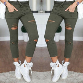 Military Army Green Skinny Ripped Holes Jeans Women High Waist Stretch Denim Pencil Pants Shredded Leggings Trousers