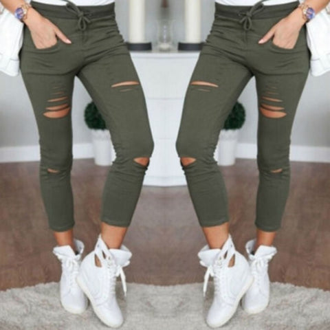 Military Army Green Skinny Ripped Holes Jeans Women High Waist Stretch Denim Pencil Pants Shredded Leggings Trousers