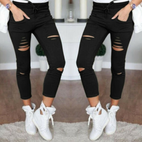 Military Army Green Skinny Ripped Holes Jeans Women High Waist Stretch Denim Pencil Pants Shredded Leggings Trousers