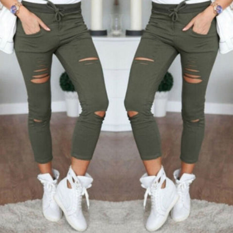 Military Army Green Skinny Ripped Holes Jeans Women High Waist Stretch Denim Pencil Pants Shredded Leggings Trousers