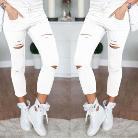 Military Army Green Skinny Ripped Holes Jeans Women High Waist Stretch Denim Pencil Pants Shredded Leggings Trousers