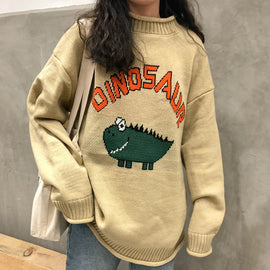 Funny Letter Dinosaur Sweater Women Harajuku Vintage O-neck Winter Pullover Long Sleeve Loose Knitted Oversize Sweater Warm V698