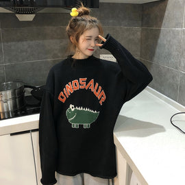 Funny Letter Dinosaur Sweater Women Harajuku Vintage O-neck Winter Pullover Long Sleeve Loose Knitted Oversize Sweater Warm V698