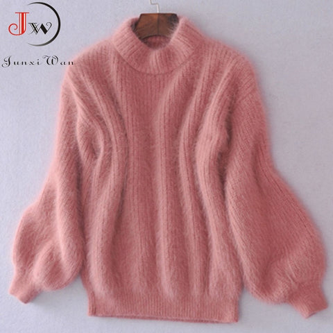 White Mohair Thicken Turtleneck Sweater 2019 Autumn Winter Sweet Fashion Lantern Sleeve Casual Solid Color Pullover pull femme