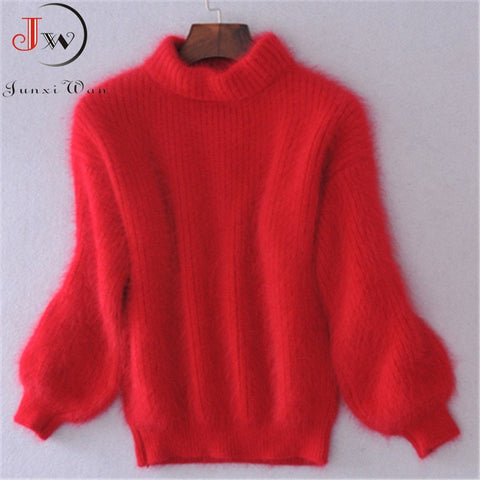 White Mohair Thicken Turtleneck Sweater 2019 Autumn Winter Sweet Fashion Lantern Sleeve Casual Solid Color Pullover pull femme