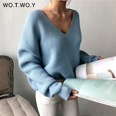 WOTWOY Autumn Winter Basic Knitted Blue White Sweater Women 2019 Fashion Casual V-neck Female Pullovers Korean lady Jumpers