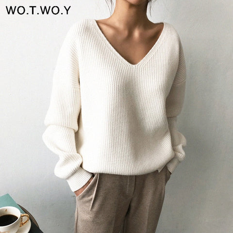 WOTWOY Autumn Winter Basic Knitted Blue White Sweater Women 2019 Fashion Casual V-neck Female Pullovers Korean lady Jumpers