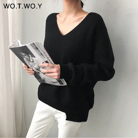 WOTWOY Autumn Winter Basic Knitted Blue White Sweater Women 2019 Fashion Casual V-neck Female Pullovers Korean lady Jumpers