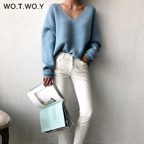 WOTWOY Autumn Winter Basic Knitted Blue White Sweater Women 2019 Fashion Casual V-neck Female Pullovers Korean lady Jumpers