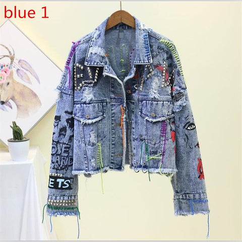 New Women's Denim Jacket Coat 2019 Jean Jackets Women Coats Female Denim Jacket Graffiti Rivet Jacket Girl Short Outerwear Blue