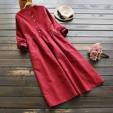 2019 ZANZEA Spring Women Long Shirt Dress Elegant Embroidery Long Sleeve Dresses Vintage Solid Cotton Linen Vestido Robe Femme