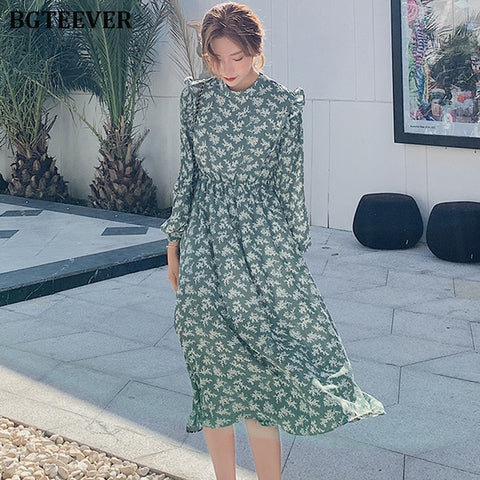 BGTEEVER Elegant Stand Collar Ruffles Women Dress Full Sleeve Elastic Waist Female Chiffon Dress 2019 Autumn Midi Vestidos femme