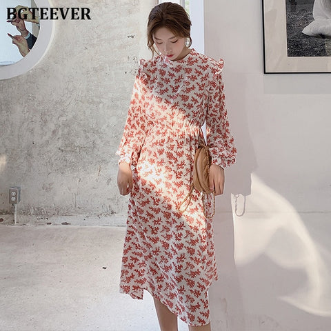 BGTEEVER Elegant Stand Collar Ruffles Women Dress Full Sleeve Elastic Waist Female Chiffon Dress 2019 Autumn Midi Vestidos femme