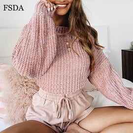 FSDA Pink Short Loose Sweater Women Black White Long Lantern Sleeve Pullover O Neck Casual Sweet Cute Office Knit Crop Sweater