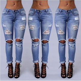 Women Denim Skinny Pants High Waist Hole Stretch Trousers Pencil Jeans Comfy Pants European And American Wish