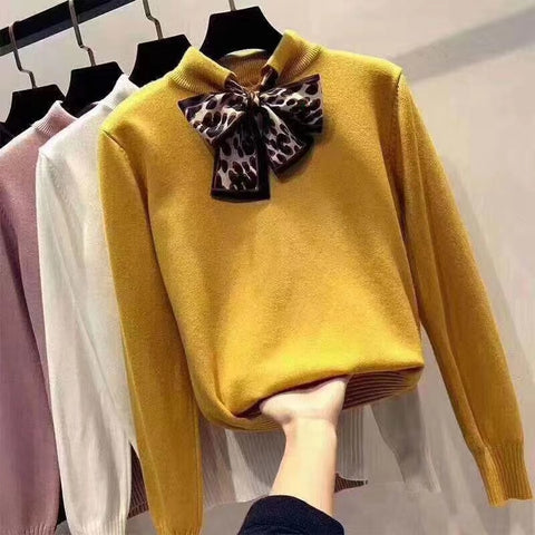 6 colors 2019 spring and autumn bowtie Sweater Women's Pullover Slim Sweaters Female Elastic Long Sleeve Tops Femme (N0035)