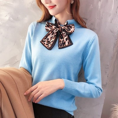 6 colors 2019 spring and autumn bowtie Sweater Women's Pullover Slim Sweaters Female Elastic Long Sleeve Tops Femme (N0035)