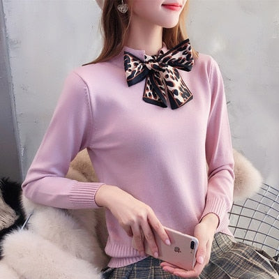 6 colors 2019 spring and autumn bowtie Sweater Women's Pullover Slim Sweaters Female Elastic Long Sleeve Tops Femme (N0035)