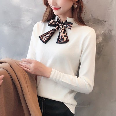 6 colors 2019 spring and autumn bowtie Sweater Women's Pullover Slim Sweaters Female Elastic Long Sleeve Tops Femme (N0035)