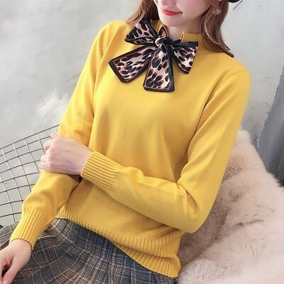 6 colors 2019 spring and autumn bowtie Sweater Women's Pullover Slim Sweaters Female Elastic Long Sleeve Tops Femme (N0035)